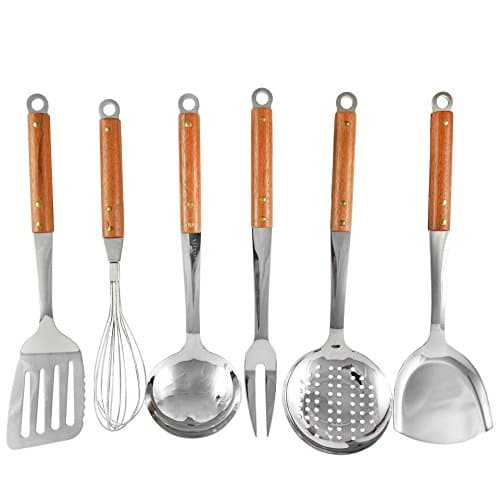 Seccuta Stainless Steel Kitchen Utensils Sets - Cooks Essentials Tools with Red Wood Handles - Utensil Set of 6