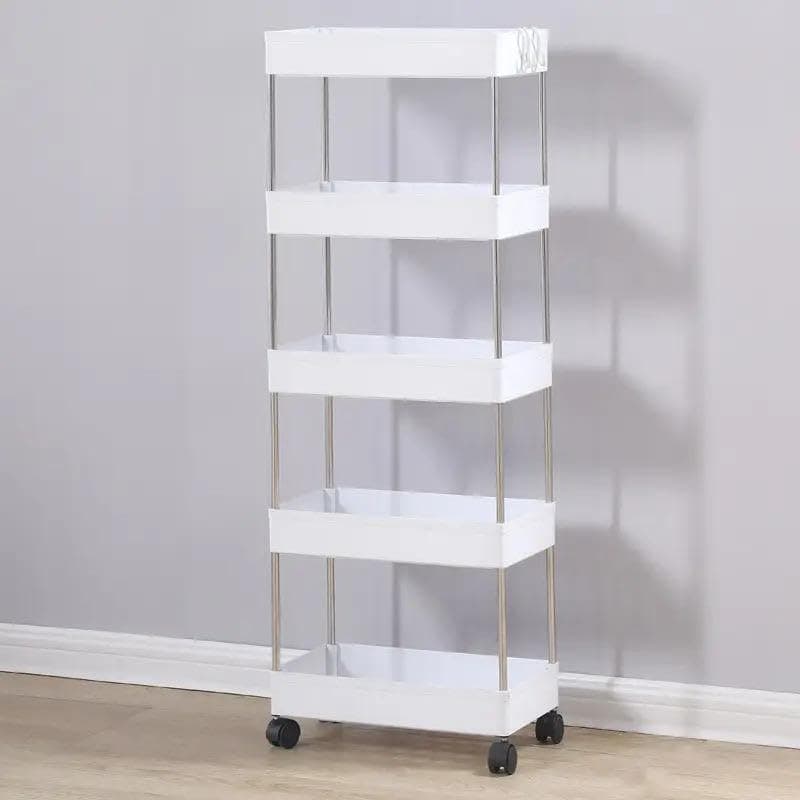 5 Layer Kitchen Trolley Organizer with 5 Shelves, White, Modern Style, Plastic Vegetable Trolley Rack for Kitchen Storage