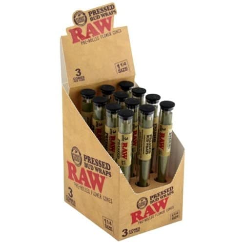 Raw Pressed Bud Wraps Cones 1 1/4 Full Display of 36 Pre-Rolled Cones.