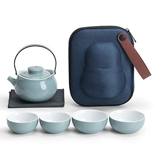 Portable Chinese Ceramic Mini Tea Set Teapot with Protective Bag, Travel Kung Fu Tea 1 Pot 3 Mini Cups All in One Set for Outdoor Camping