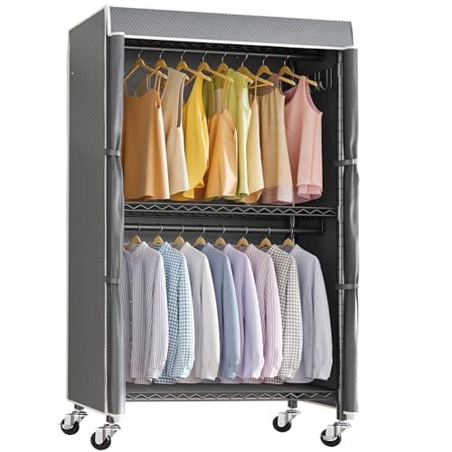 VIPEK R2C Medium Rolling Garment Rack with Cover Heavy Duty Clothes Rack Adjustable Clothing Rack for Hanging Clothes Portable Closets with Double Rods, Wardrobe on Wheels, Black Rack with Grey Cover