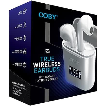 Coby True Wireless Earbuds with Smart Battery Digital Display Charging Case, Wireless Bluetooth Earbuds, In-Ear Headphones Wireless Bluetooth, Built-in Microphone, Auto Pair, 6.5 Hours of Play (White)