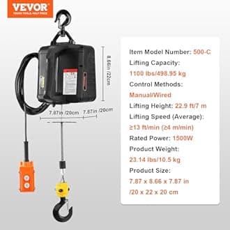 VEVOR 2-in-1 Electric Hoist Winch, 1100 lbs Lift Capacity, 1500W Portable Power Winch Crane, 22.9 ft Lifting Height, 13 ft/min with Wired Remote Control, for Garage, Warehouse, Factory Lifting Towing