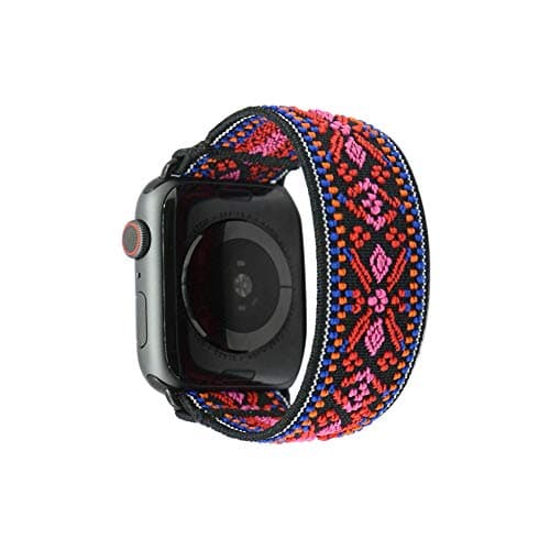 Tefeca Red Embroidery Ethnic Pattern Elastic Compatible/Replacement Band for Apple Watch 42mm/44mm (Black Adapter, M fits Wrist Size : 6.5-7.0 inch)