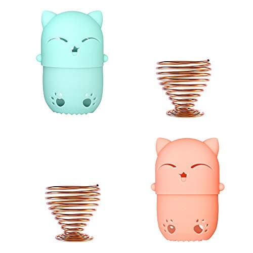 NaFurAhi Makeup Sponge Case, Cute Cat Shaped Containers, Silicon made Perfect for Traveling, Keep Makeup Sponges in a Safe &Sanitary, with 2 Fashion Hair Clips &2 Sponge Holders (Green+Orange)