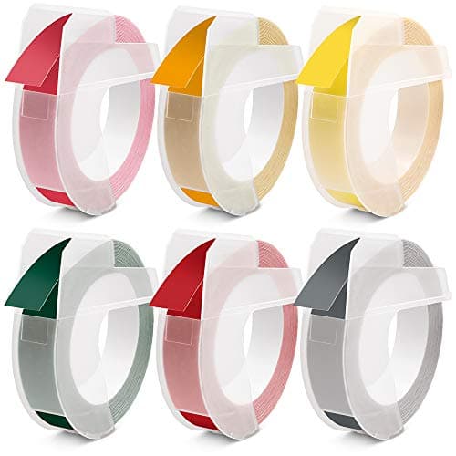 Greateam Compatible for DYMO Embossing Label Maker Tape 9mm 3/8, Dymo 3D Plastic Embossing Labels, White Print on Black/Clear/Maroon/Wood/Light Yellow/Lake Blue, 6-Rolls