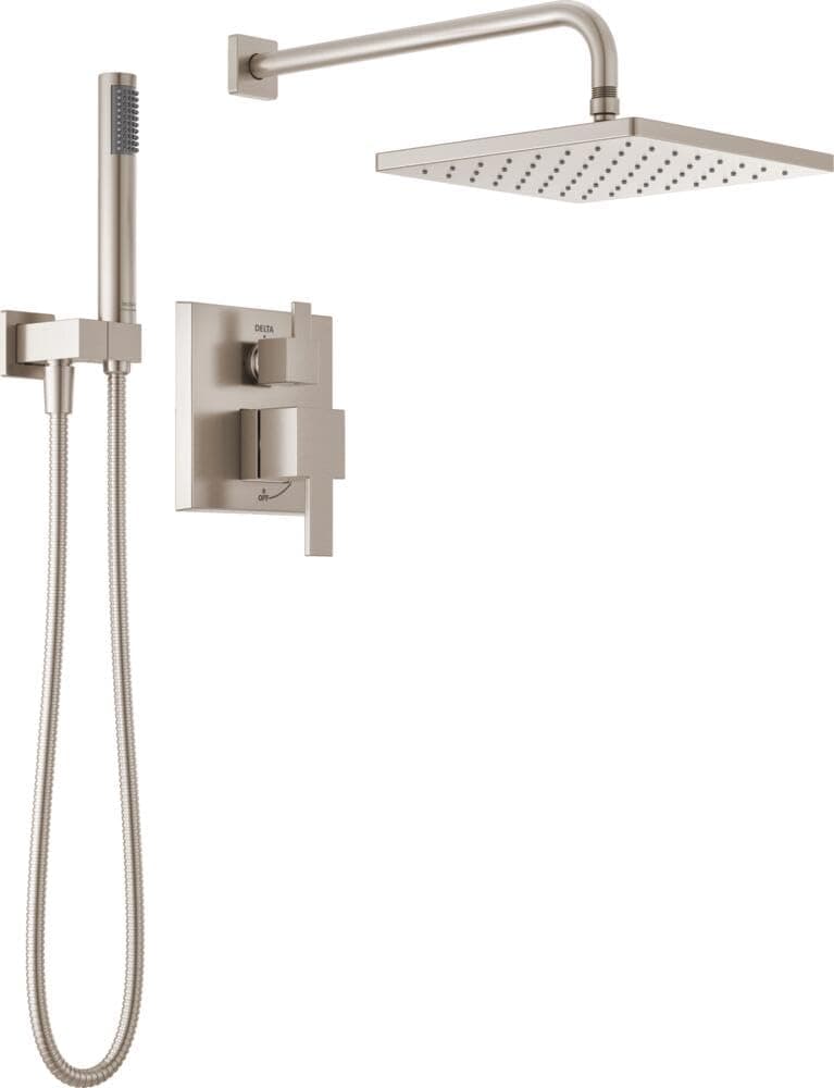 Faucet Modern Raincan 2-Setting Square Shower System Including Rain Shower Head and Handheld Spray Brushed Nickel, Rainfall Shower System Brushed Nickel, Spotshield Stainless 342701-SP