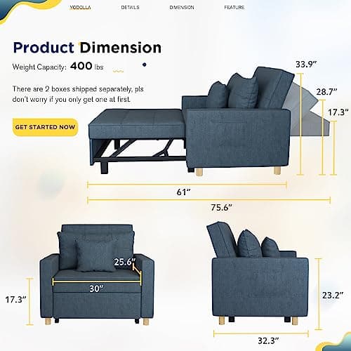 YODOLLA Navy Single Sofa Bed Chair, 3-in-1, Adjustable Backrest, Wood and Steel Frame, 800lb Capacity, with Pillow and Cushion