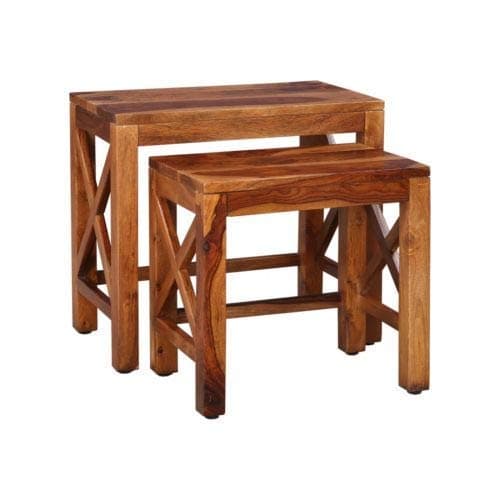 Sheesham Wood Nesting Table Set of 2 Stools Side Table Nightstand Sofa Lamp Stools | Solid Wood Durable and Sturdy End Table for Living Room Bedroom Home Office (Natural Finish)