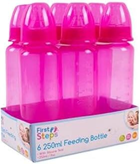 Pack of 6 Pink Baby Feeding Bottles 250ml with Silicone Teat 9oz Measuring Gauge BPA Free
