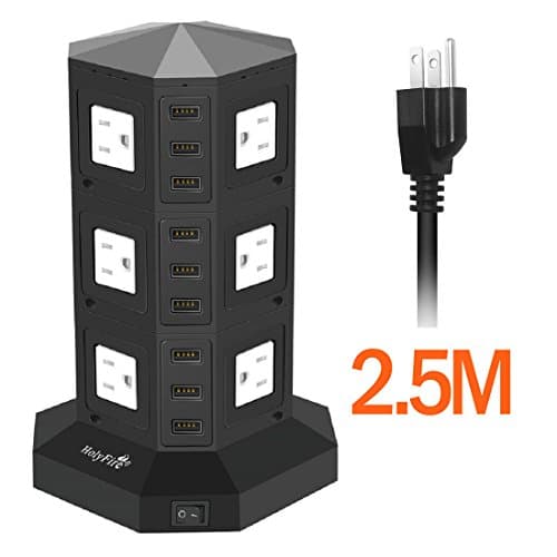 Holyfire 12-Outlet 9-USB Tower Surge Protector Power Strip Power Socket Strip 8.2ft Cord (Black + White)