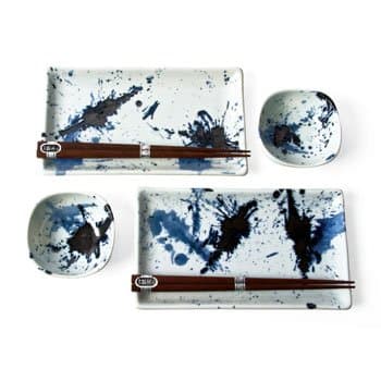 MIYA Blue Splash Sushi Plates for 2 - Modern Ceramic Glazed Rectangular Sushi Plates