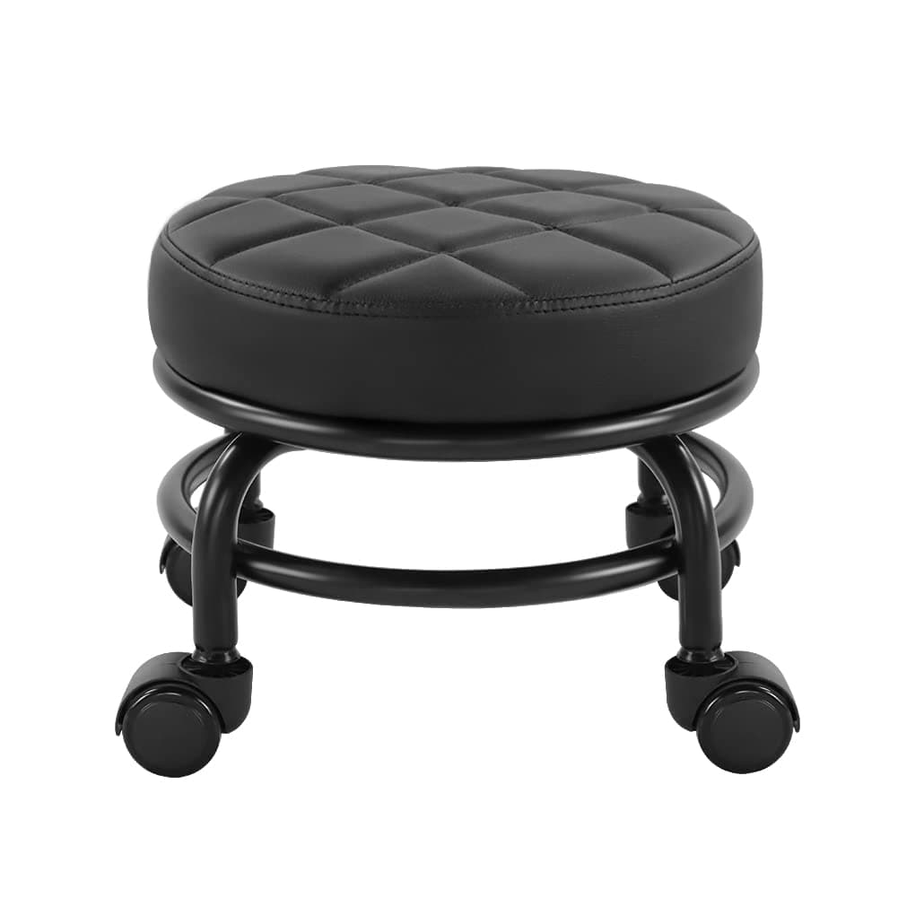 Roller Seat PU Leather Low Round Rolling Floor Stool with Universal Caster Wheels for Home Fitness Sport Pedicure Stool, H:25.5cm(Black)