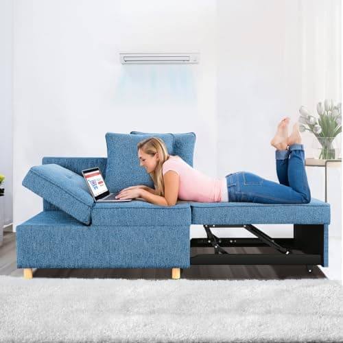 Futon Couch, 4 in 1 Sleeper Sofa Couch Bed, Modern Linen Fabric 3 Seat Sofa Furniture Recliner Folding Daybed Guest Bed, Removable Armrests, Dark Blue