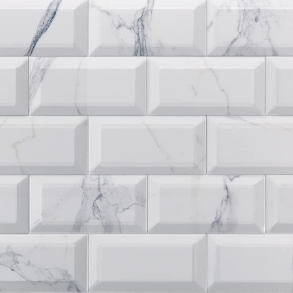 Metro Marble White & Grey Ceramic Wall Bathroom Tile Subway Brick Effect 100mm x 200mm Bevelled Edge Kitchen Tiles Gloss Finish 1m2 Box of 50