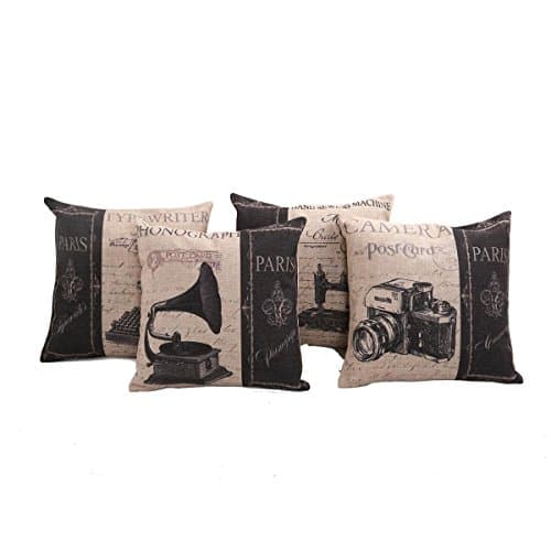 Mega TPC Home Decor Cotton Linen Square 4Pcs Pillowcase Set of 4 Vintage Paris Camera Phonographs Throw Pillow Sham Cushion Cover 18" x 18"