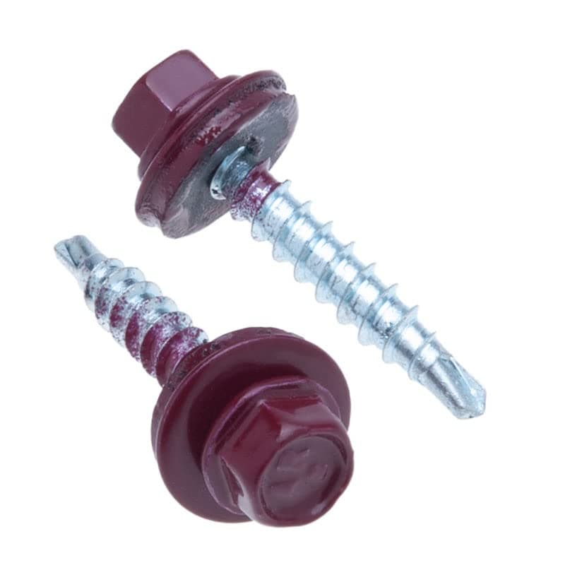 8 mm x 25 mm Roofing Screws, Hex Head Self-drilling Multi-color (RAL 3005 Wine Red) Roof Screws with EPDM Sealed Washer, Rust Proof Zinc Plated Hardened Coarse Threads Screw for Outdoor Use