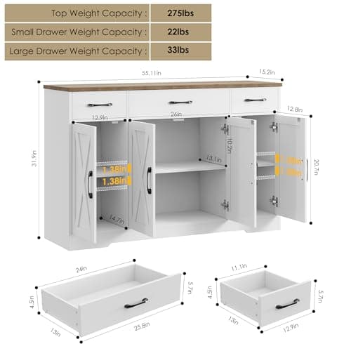 HOSTACK Buffet Cabinet with Drawers, 55" Large Sideboard Buffet Storage Cabinet with Shelves & 4 Doors, Modern Farmhouse Coffee Bar Cabinet Wood Buffet Table for Kitchen, Dining Room, White/Rustic
