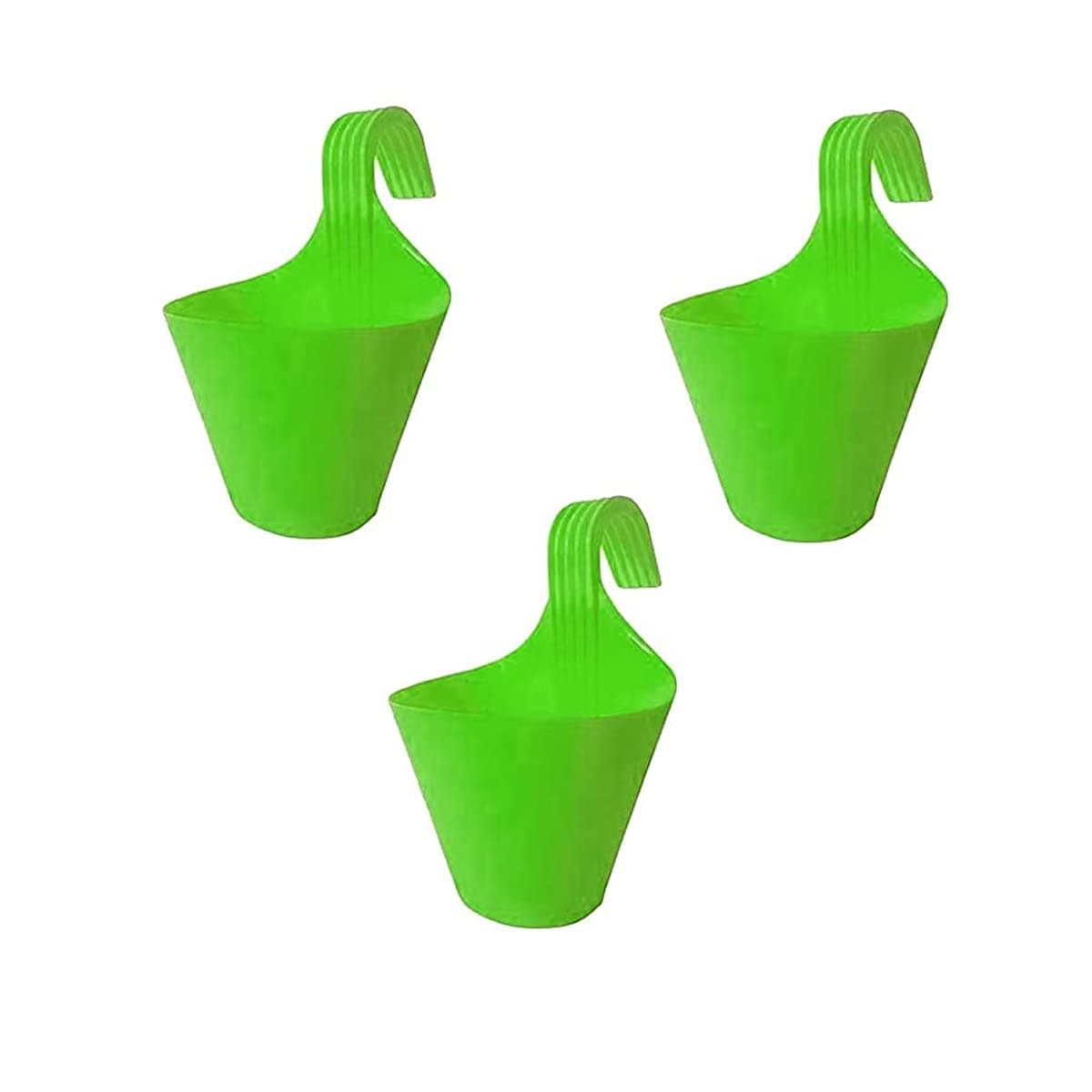 Go Hooked Plastic Hanging Planter for Plants, Railing Flower Pots, Pot Diameter (22 cm), Pot Height (17 cm) (Set of 3)(Green)