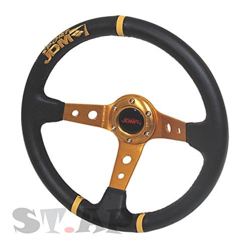 350mm Deep Dish 6 Bolt Steering Wheel Universal Custom (Gold Center JDM 3 Ring)