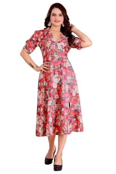 Lapel Collar Close Down Placket Hanky Fold Flare Ankle Length Dress for Women