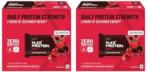 RiteBite Max Protein Daily Choco Berry 10Gm Protein Bars [Pack Of 12] Protein Blend, Fiber, Vitamins & Minerals, 100% Veg, No Added Sugar, For Energy, Fitness & Immunity - 300Gram