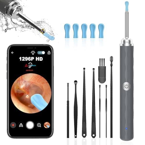 Ear Wax Removal Tool Camera, (1296P) Ear Cleaner with Light and Camera Ear Wax Cleaner with 8pcs Ear Set, Earwax Removal Kit Compatible with iPhones, iPad, Android Phones，Grey…