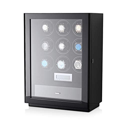 Watch Winder Box for Self-Winding up to 9 Automatic Watches with LED Case Backlight, LCD Touchscreen Display and Storage Compartment for All Watch Brands and All Watch Sizes