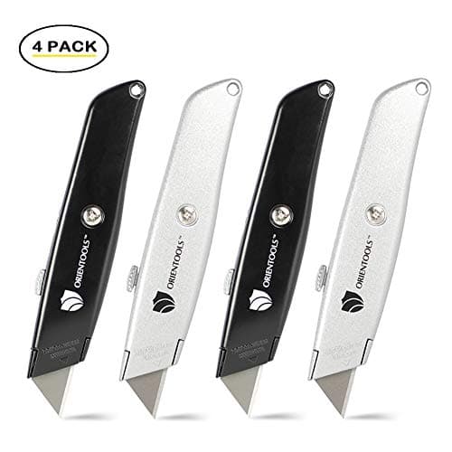 ORIENTOOLS Heavy Duty Utility Knife, Retractable Box Cutter with 3-Position Blade Lock, Sharp and Ergonomic Razor Knife with SK5 Blade, Zinc Alloy Body in Black & Silver (4-Pack)
