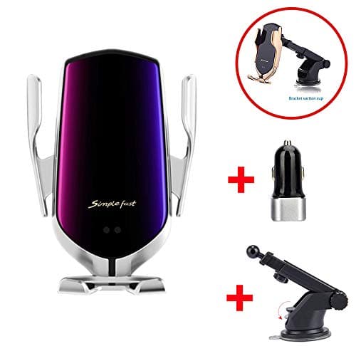 DHong Smart in-Car Mobile Phone Holder IR Sensor Automatic Clamping Plus 10W Qi Wireless Fast Charging Car Charger Compatible for iPhone 8 Xs XR Galaxy S9 S8 S7 Note9 (Silver + Suctorial Cup Bracket)