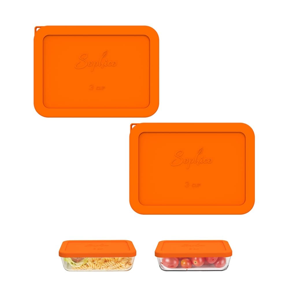 Sophico 3 Cup Rectangle Silicone Storage Cover Lids Replacement for Pyrex 7210-PC Glass Bowls, Container not Included (ORANGE, 2 Pack)