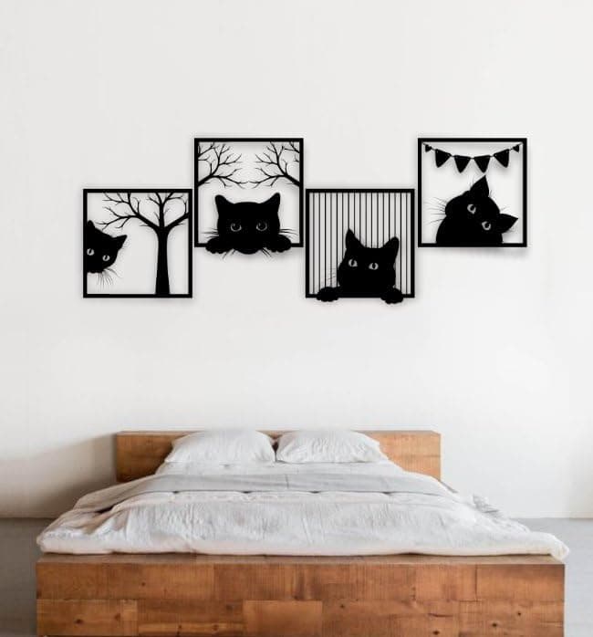 PRINT N PIXELS,Black Cat Silhouette Wall Art Decor, Engineered Wood, Black,Cat Lovers, Set of 4 Panels