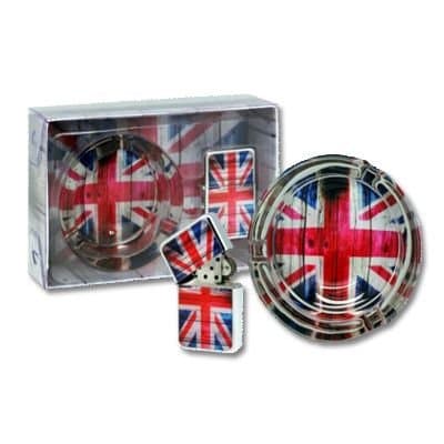Union Jack Windproof Lighter & Glass Ashtray Set