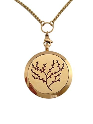 Essential Oils Diffuser Jewelry Aromatherapy Necklace Stocking Stuffer Gold Plated 316 Stainless Steel Tree of Life Pendant Locket 24" 2.5mm Chain and 7 Washable Refill Pads (Tree of Life Design)