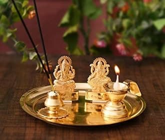 UmI. Pooja Thali Set For Aarti - Metal Laxmi Ganesh Idol Showpiece -Bhai Dooj Traditional Diya - Puja Article Spiritual Diwali Gift Items (1 Box), Gold