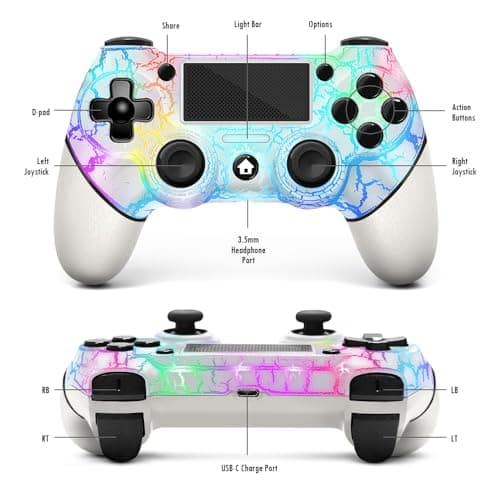 AceGamer 2 Pack Wireless Controller for PS4，Game Controller for PS4/Pro/Slim/PC，Gamepad Joystick with Turbo/Back Button/Dual Vibration/6-Axis Gyro Sensor/Touch Panel (White and Black Crack)