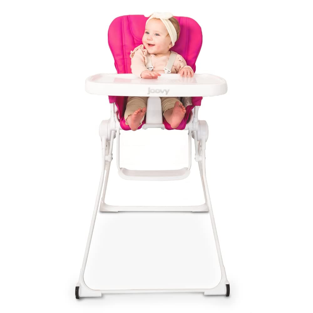 Nook NB High Chair Featuring Four-Position Adjustable Swing Open Tray, 3-Position Reclining Seat, and Front Wheels for Added Mobility - Folds Down Flat for Easy Storage, Pink Crush