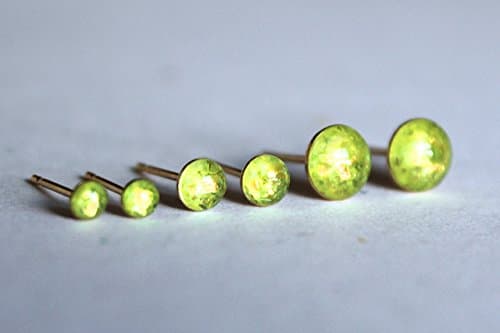 Chartreuse Opalescent Tiny Stud Earrings Triple Set, 21g: 1.5mm, 2mm, 3mm, 4mm, 5mm, 6mm; 316L Surgical Steel, 304 Stainless Steel (Gold Option); Ball, Dome, Bezel, 3-Prong Talon Claw Setting
