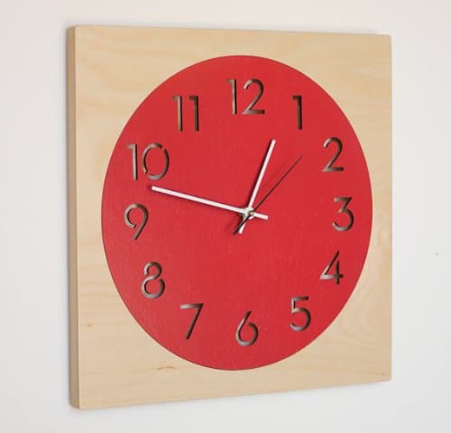 Uncommon Handmade Round + Square Modern Wall Clock with Birch Frame and Laser Cut Face (Poppy Red)
