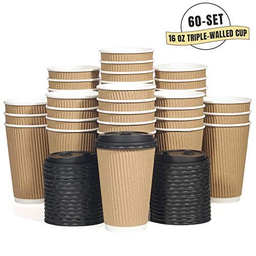 Aplusplanet 16 OZ Triple Walled Disposable Coffee Cups with Lids 60 Set, No Sleeves Needed, Ripple Insulated To Go Coffee Cups and Multipurpose Lids for Hot Cocoa. Eco-Friendly Reusable Paper Cups