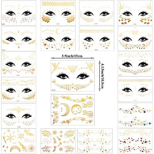 Zonon 20 Sheets Face Metallic Temporary Tattoo Sticker, Face Gold Temporary Transfer Tattoo Freckle Sticker for Women Girls Halloween Makeup Dancer Costume Parties