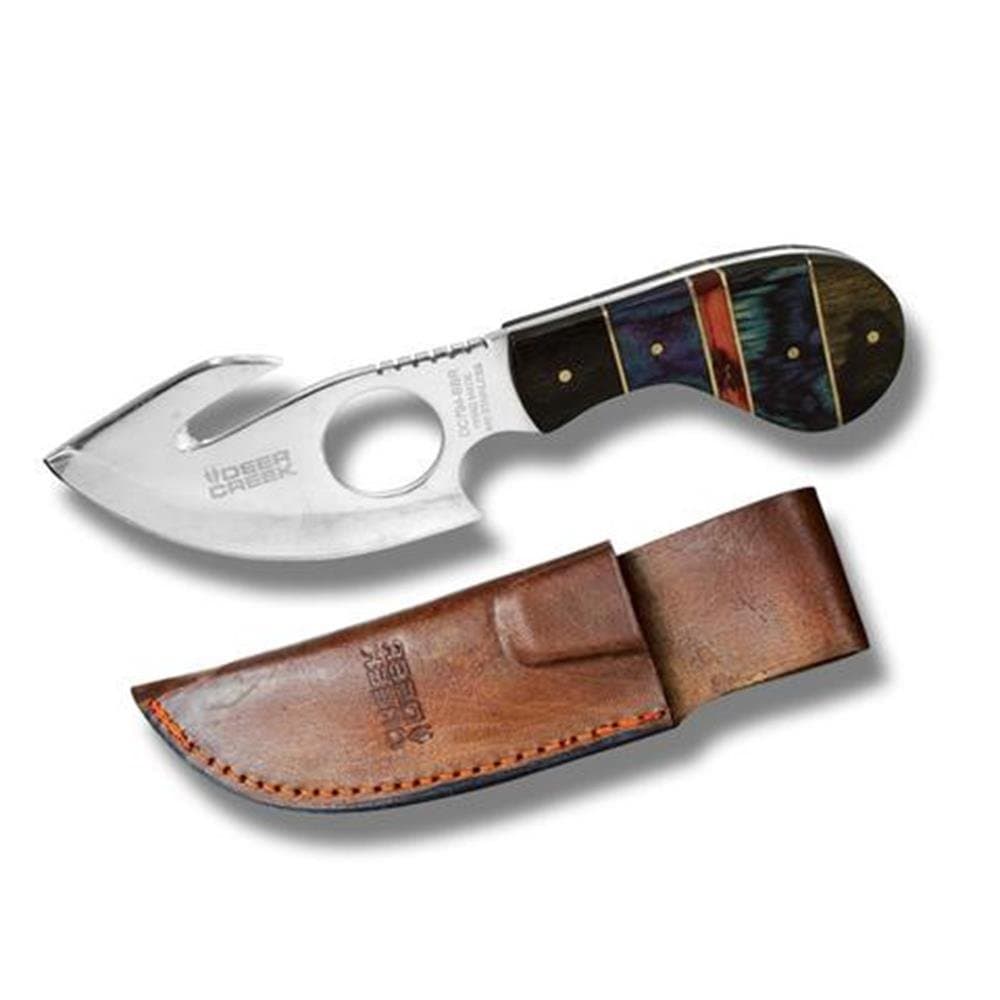 DC-794-BBR 7" Deercreek Short Skinner Blue/Red/blk Wood Color Handle with Leather Sheath Knife