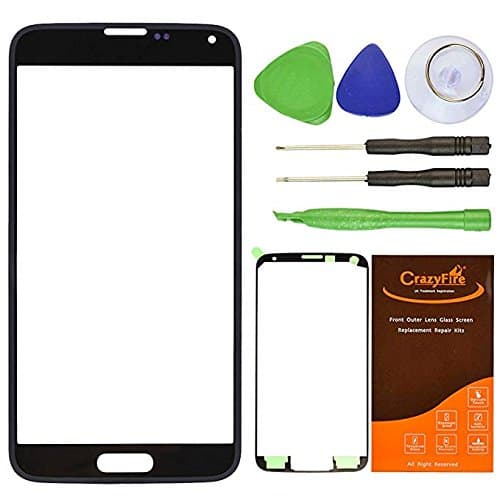 CrazyFire Black New Front Outer Glass Lens Screen Replacement for Samsung Galaxy S5 SV G900 G900A G900P G900R4 G900T G900V+Adhesive Tape+Tools Kit