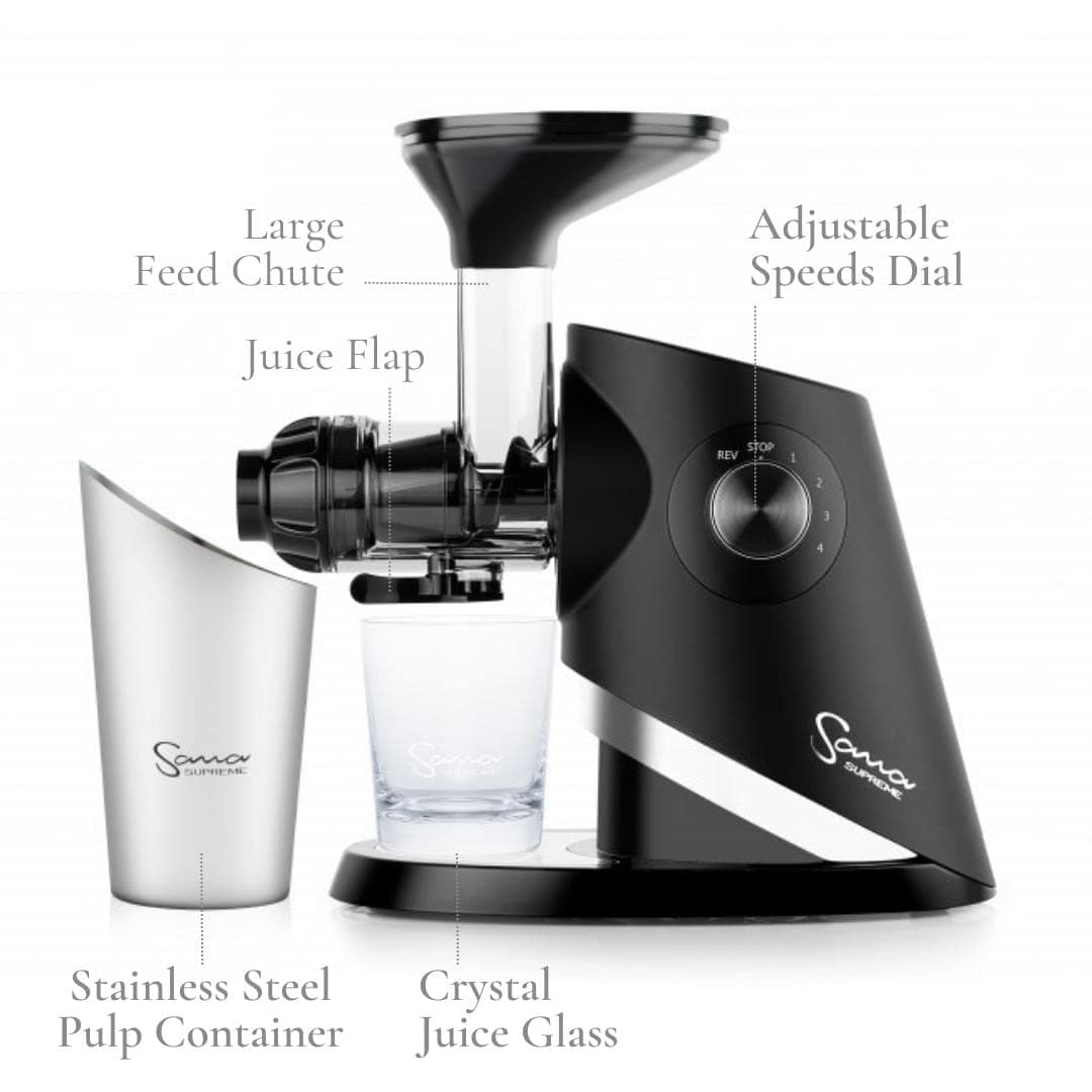 Sana 727 Supreme Cold Press Masticating Juicer | Large Batch | Non-Stop Juicing | 4 Speed Brushless DC Motor | 45-120 RPM’s | Easy clean 132 Page Recipe Book | 15 Year Warranty | Black