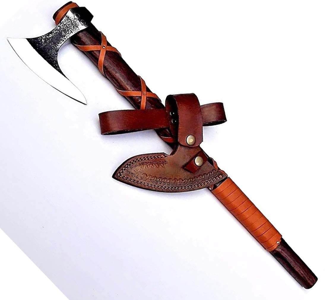 Custom Handmade Forged Tomahawk Hatchet Viking Beared Camping Blade Lightweight Survival Chopping Splitting Axe with Wood Handle & Leather Sheet 18 Inch Ax - 8999