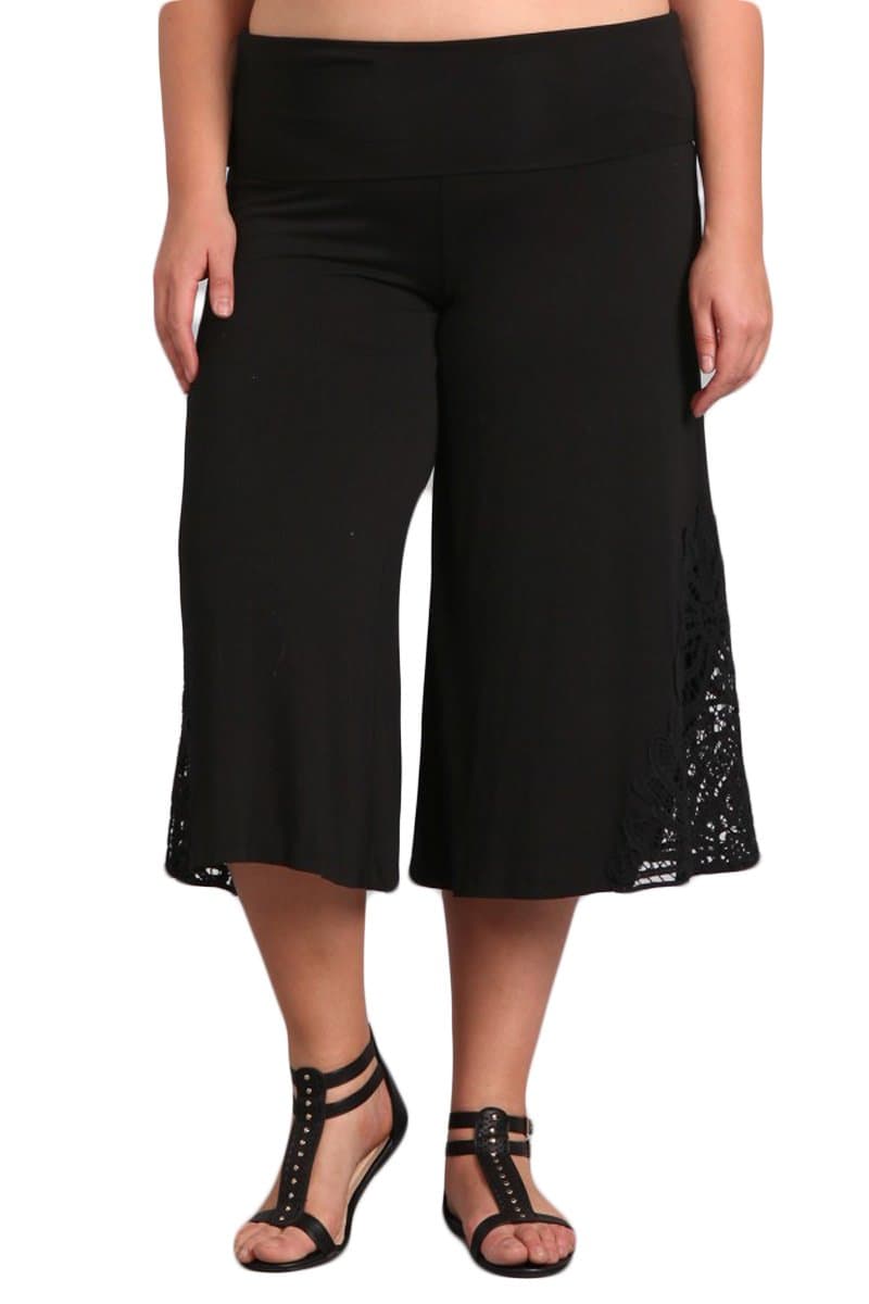 HEYHUN Women's Solid Tie Dye Wide Leg Flared Capri Boho Gaucho Pants w/Lace Detail