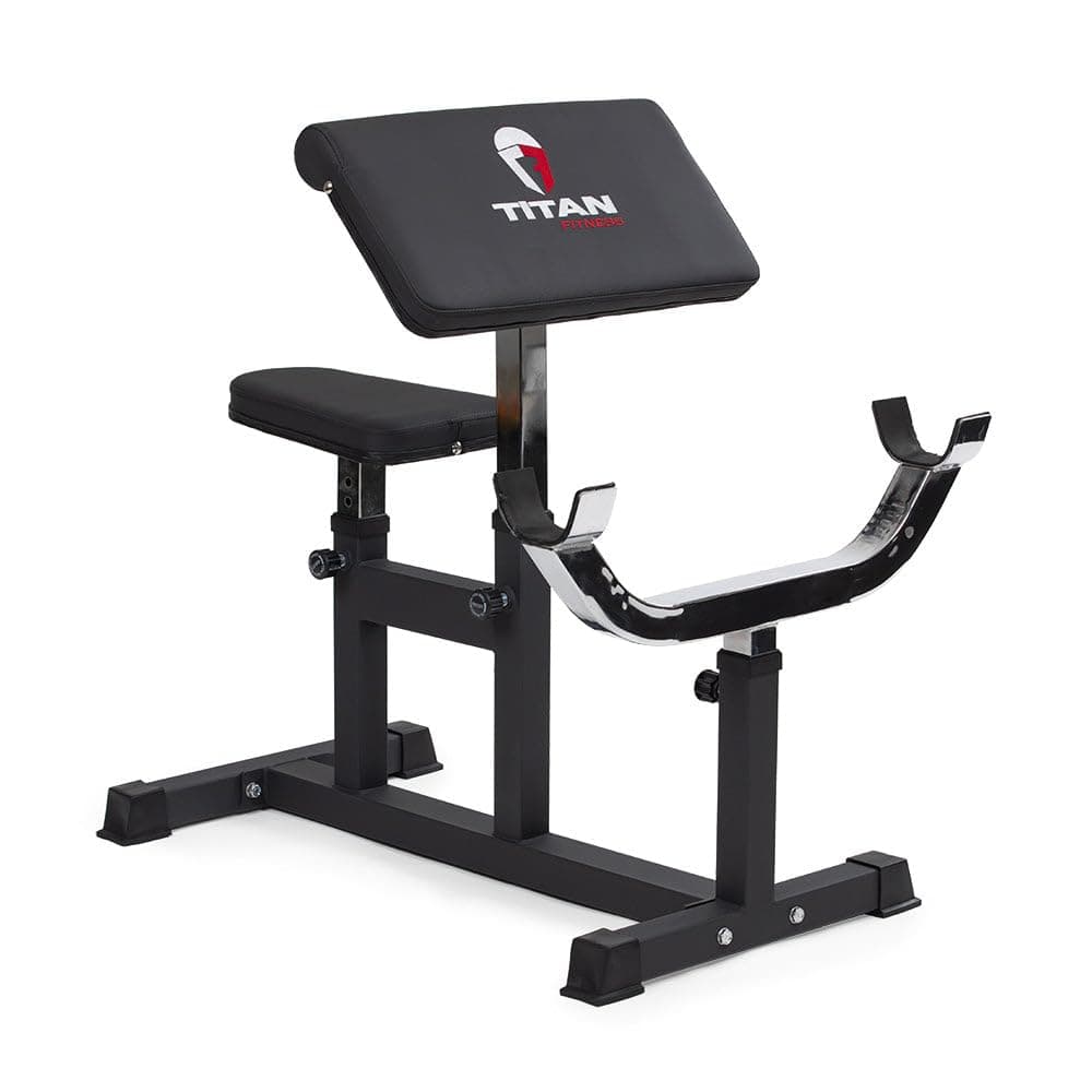 Titan Fitness Adjustable Preacher Curl Weight Station, 250 LB Capacity, Adjustable Bench Seat, Adjustable Arm Rest, Durable Bar Catches, Seated Home Gym Barbell and Dumbbell Biceps Station