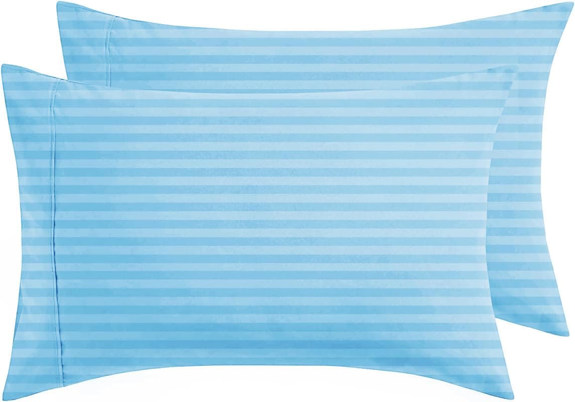 BSB HOME® 220 TC Premium Glace Cotton Solid Striped Pillow Covers | Super Soft and Breathable Envelope Closure| Set of 2 Pieces Pillow Covers King Size (Aqua, 20 x 30 Inches)