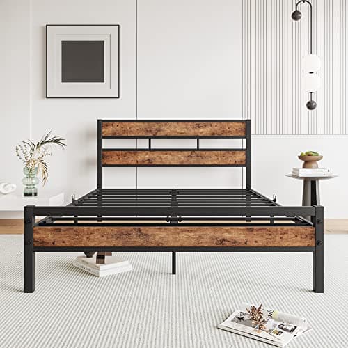 Full Size Bed Frame with Wood Headboard and Footboard,Platform Bed Frame Full No Box Spring Needed,Noise-Free,Heavy Duty Slats Support,Easy Assembly,Rustic Brown