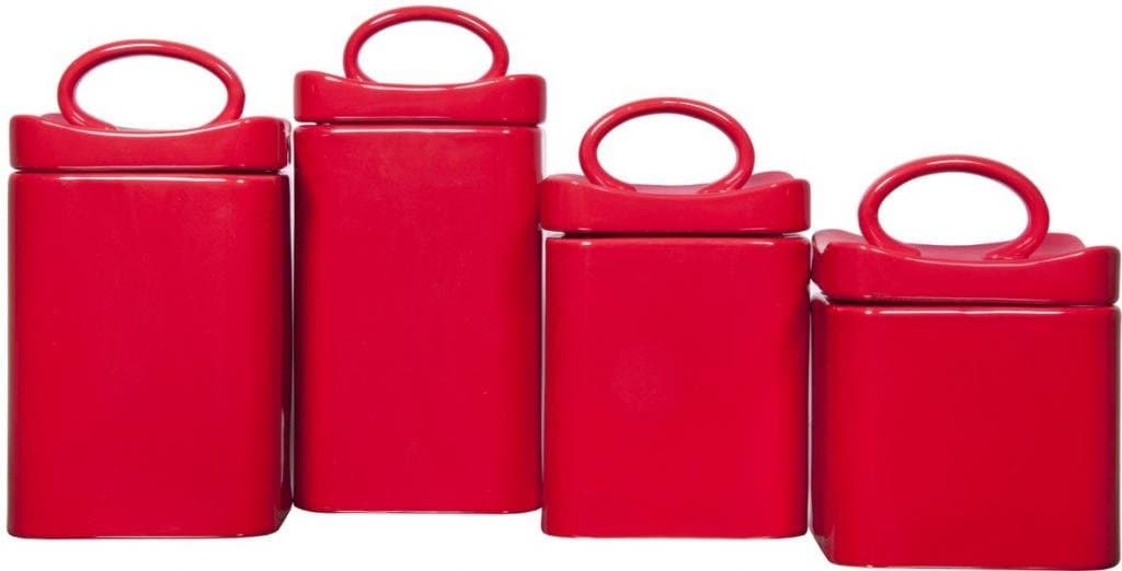 Durable Set of 4 Square Red Ceramic Canisters with Lids Storage & Home Decor Set